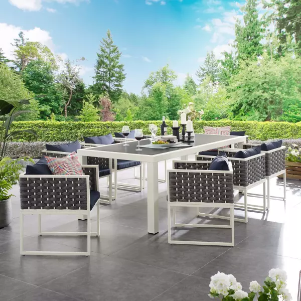 EEI-3186-WHI-NAV-SET Stance 9 Piece Outdoor Patio Aluminum Dining Set White Navy